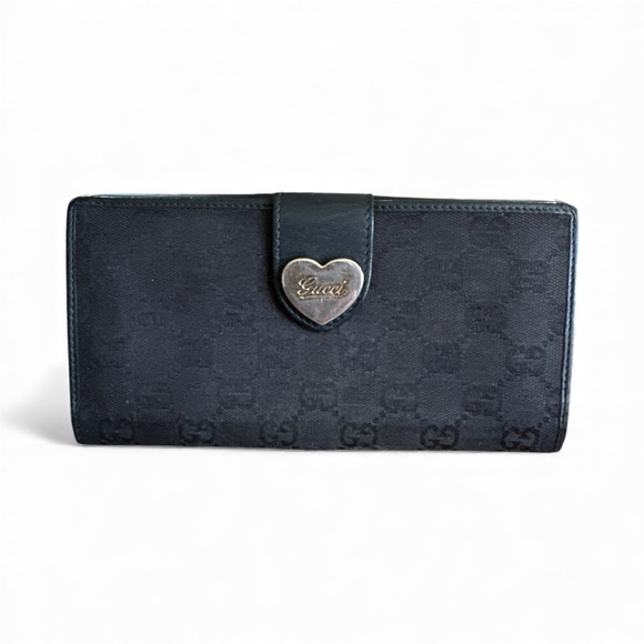 Vintage Gucci Black GG Wallet w/ Silver Heart Snap | Classic Designer Luxury - Picture 2 of 8